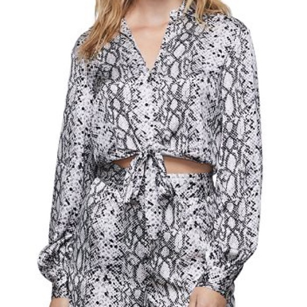 Good American Snake-Print Cropped Top Tie-Front Long Sleeve Blouse SZ 2XL / 5